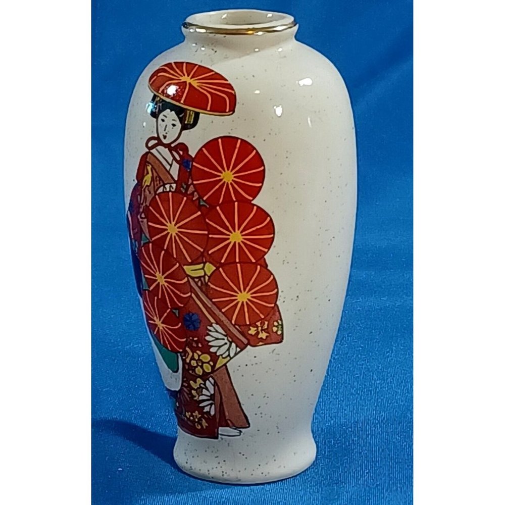 Rare 1970s OTAGIRI Vase Japanese Geisha Hat Dance 5.5" Bud Vase - Picture 5 of 9
